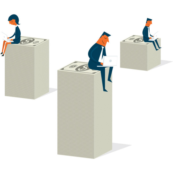 Three people sitting on tall stacks of money while working