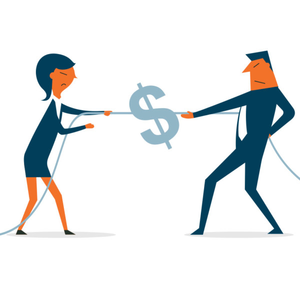 Image of two people having a tug of war with a rope with a large dollar sign on it.