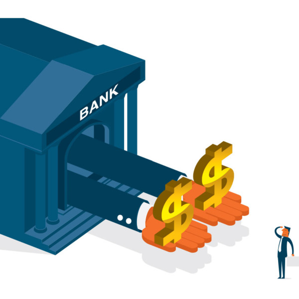 Two large hands coming out of a bank holding money signs