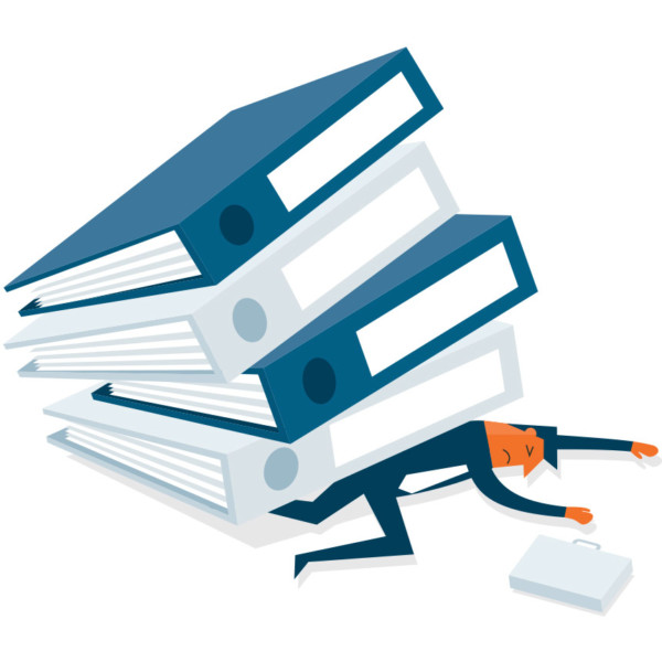 Image of someone pinned underneath a pile of books.