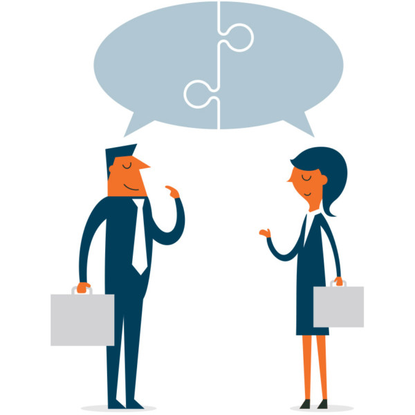 Animated image of 2 people sitting & coming to a verbal agreement at a desk