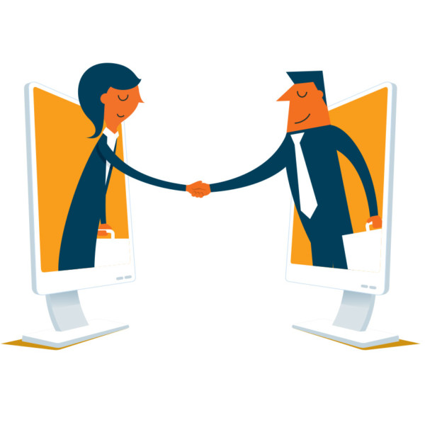 Animated image of 2 people coming out of a computer to shake hands.