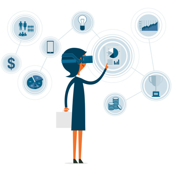 Image of someone wearing a virtual reality headset looking at various data sets.
