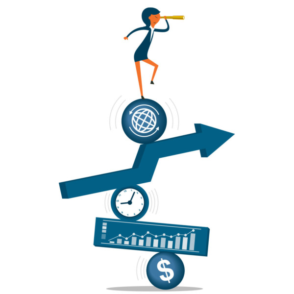 Woman balancing on time, money, success, the internet, and her finances