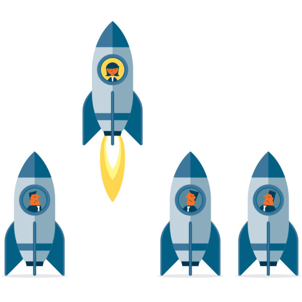 Image of leader taking flight in rocketship.