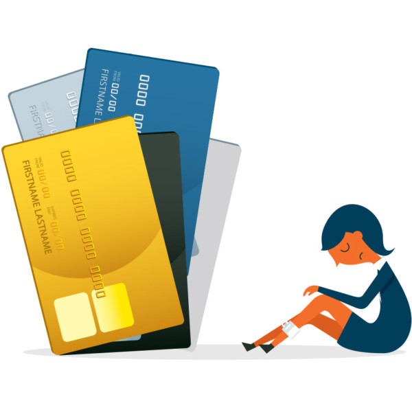 Woman with a lot of credit cards building up debt