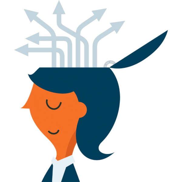 women thinking hard with animated arrows coming from her brain
