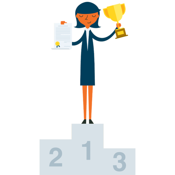 a women confident because she got a trophy in first place