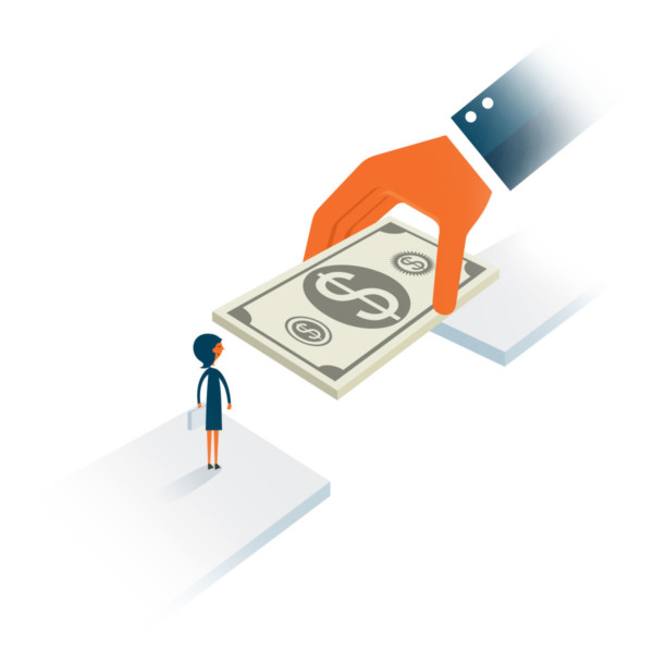 women getting a raise through a metaphor of money being used as a bridge