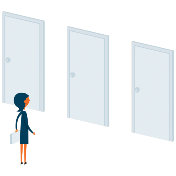 women looking at 3 doors that all look the same